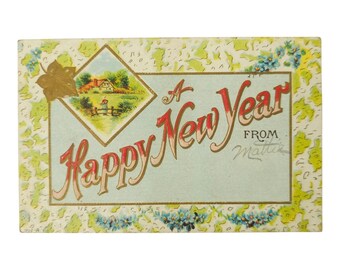 Vintage Ca. 1900s A Happy New Year Embossed Postcard Farm House Scene Marked 702-4