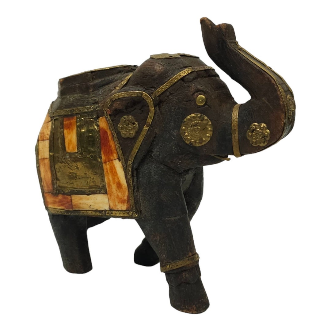 Elephant Statue Vintage Trunk up Good Luck Symbol Brass Inlay Wood ...