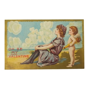 millésime Carte postale en relief Oh Be My Valentine des années 1900 Femme Coeurs Cupidon Ange