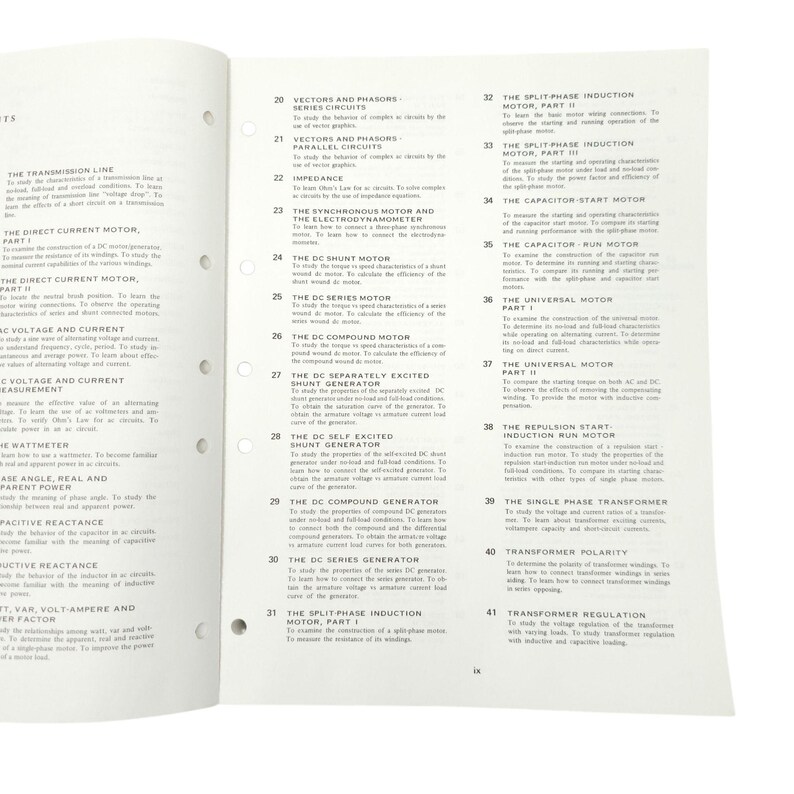 May include: Open book pages with technical diagrams and text. Titles include "Vectors and Phasors," "DC Shunt Motor," and "Transformer Polarity." The pages are white with black text and diagrams, and the book is open on a white surface.