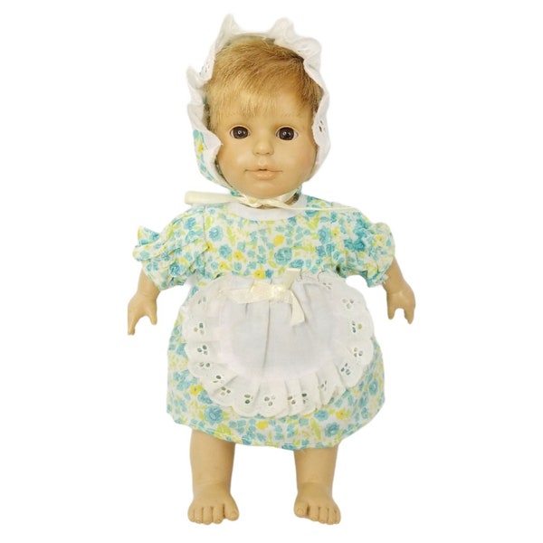 Berenguer Baby Doll 9 » Bonnet Tablier Fleurs Bleues Blond Cheveux Marron Yeux JC Jouets