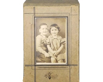 Vtg 40s Black White Photo Brother Sister Portrait Cardboard Frame Woltz Studios