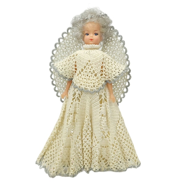 Vintage Handmade Angel Doll Crochet Stmided White Lace Silver Trim Christmas