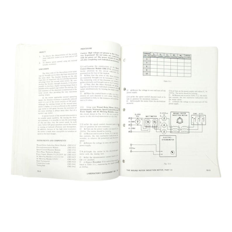 May include: Open textbook pages with text and diagrams related to electrical engineering. The pages feature tables, circuit diagrams, and text descriptions. The text includes the title "Laboratory Experiment No. 31" and "The Wound Rotor Induction Motor, Part 31."