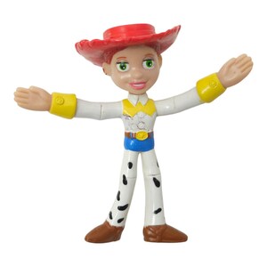 May include: A plastic figurine of a character from the Toy Story franchise. The figure is wearing a red hat, white shirt with yellow accents, blue belt, and white trousers with black spots. The figure's arms are outstretched.