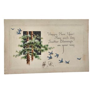 Carte postale Happy New Year Bénédictions Blue Birds vers les années 1900 vintage Gibson Lines