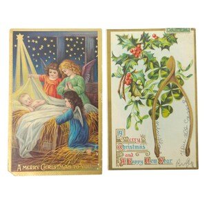 1900 年代頃のメリー クリスマス、新年おめでとう、ベイビー ジーザスのウィッシュボーン ヴィンテージ ポストカード