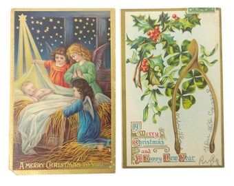 1900 年代頃のメリー クリスマス、新年おめでとう、ベイビー ジーザスのウィッシュボーン ヴィンテージ ポストカード