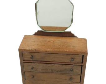 Wooden Dollhouse Mirrored Dresser Vintage 1950s Two Knob Pull Out Three Drawers