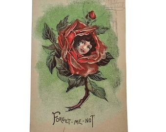 Vintage Ca. 1918 Forget Me Not Womans Head Rose Flowers Postcard Art Nouveau