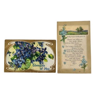 Cartes postales vintage Pensées de vous des années 1900, poème du souvenir Miss Them violettes