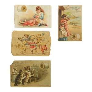 Victorian 1800s J & P Coats Best Six Cord Thread Blanco Negro Colores para tarjetas de imágenes comerciales a mano y a máquina Lote de 4