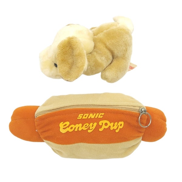 Vintage 1986 Sonic Coney Pup Plush Toy Tan Beige Puppy Zipper Pouch Hot Dog