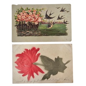 Cartes postales en relief vintage oiseaux des années 1900, bouquet floral, chrysanthèmes d'eau