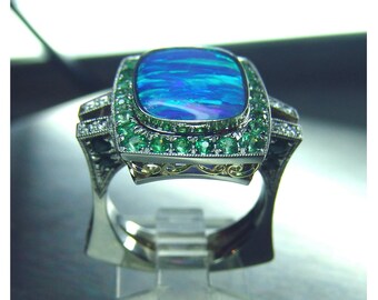 Ladies custom 18kt. white & rose gold crystal boulder opal, Tsavorite, and diamond ring