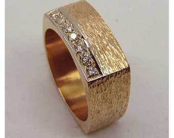 Men's 14kt. yellow and white gold soft square hammered finish diamond ring 15.7 grams with .21cts of diamonds