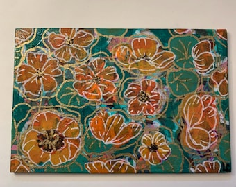 Nasturtiums Abstract Impressionist 5x7" Original Acrylic Flower Painting on Canvas Board