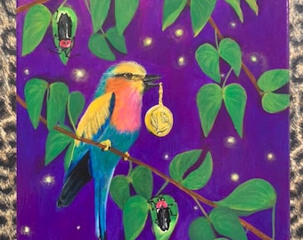 Lilac Roller and Fireflies Acrylic Painting – 8x10 Bird Art