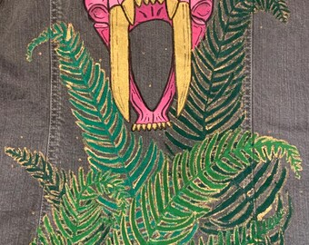Hand-Painted Sabertooth Skull Denim Vest - Women's Medium