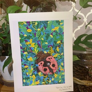 Pablo the Pink Tree Beetle print - 12x9” matte giclee print of an original acrylic painting, mounted on card, unframed, ladybug