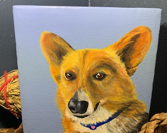 Corgi Dog Painting - Acrylic Canvas Art, Whimsical Desk Decor (5x5")