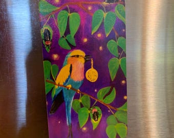 Lilac Roller Bird and Fireflies Magnet – Refrigerator Decor (2x3.5 inch)