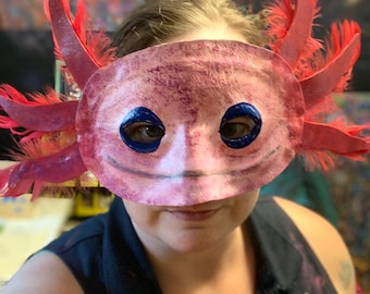 Axolotl Mask - hand painted faux leather and real feather half mask