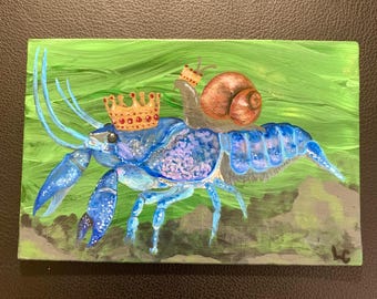 King Crayfish and Snail Painting - Acrylic painting postcard size canvas board