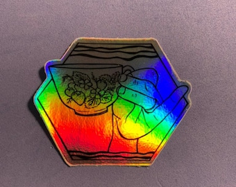 Tea Time Sticker - 2x3 inch holographic hand holding a teacup