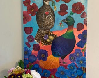 Himalayan Monal Pheasants Acrylic Painting – Birds and Poppies on Canvas (24x36)