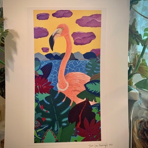June the flamingo print - 11x14” giclee print of an original acrylic painting, mounted, unframed, flamingo in a jungle with plants
