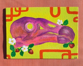 Vulture Skull Painting - Acrylic painting postcard size canvas board