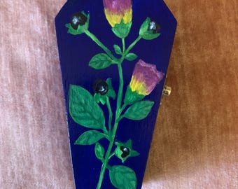 Coffin Stash Box - Hand Painted Original Dark Blue Atropa Belladonna Poison Potion Bottle Jewelry or Stash Box