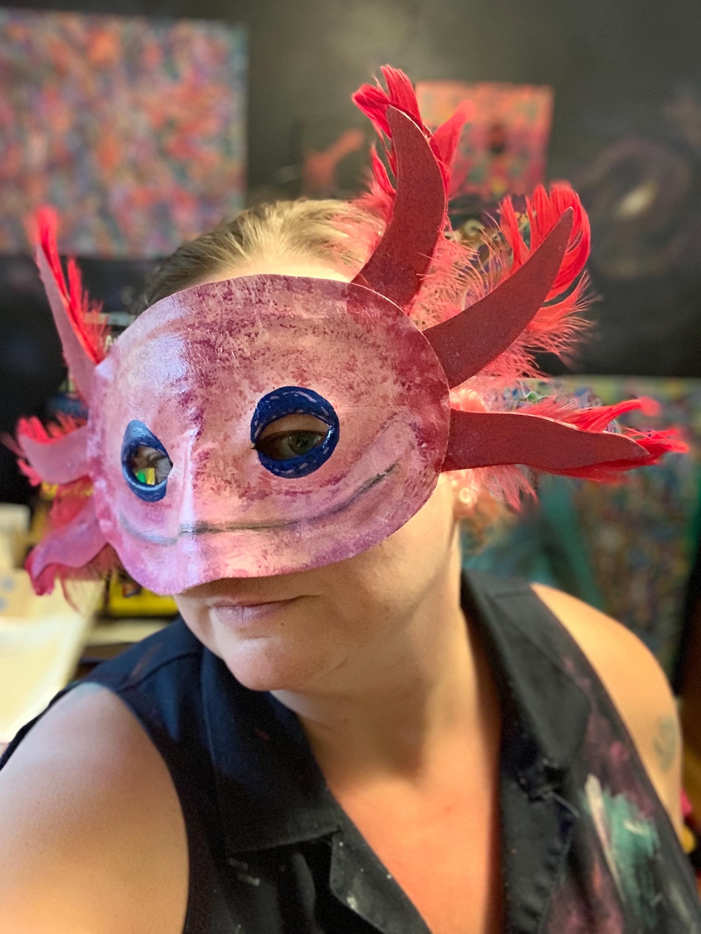Axolotl Mask - Hand Painted Faux Leather and Real Feather Half Mask - Etsy