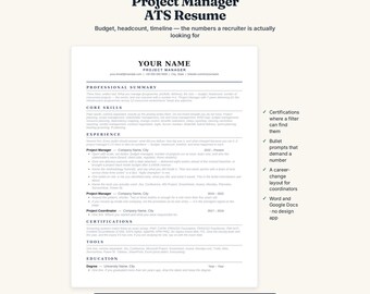Project Manager Resume Template, ATS Friendly, PMP, PRINCE2, Agile (Word/Google Docs)