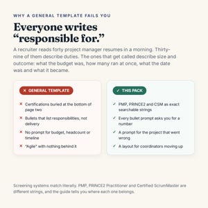 May include: An informational graphic with dark blue text on a cream background. The header reads: Why a general template fails you. Everyone writes responsible for. Below, two boxes compare a general template with this pack, listing bullet points.