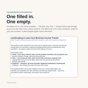 Może przedstawiać: Cyfrowy zestaw arkuszy Landscaping & Lawn Care Business Income Tracker zawierający dwa pliki: jeden wypełniony przykładowymi danymi z sześciu miesięcy dla 126 zleceń oraz jeden pusty szablon. Dokument zawiera sekcje dotyczące konfiguracji i śledzenia.