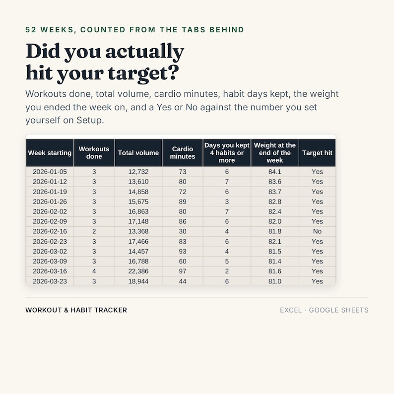 May include: A digital workout and habit tracker spreadsheet featuring a table with columns for week starting, workouts done, total volume, cardio minutes, habit days, weight, and target hit. The text reads 52 WEEKS, COUNTED FROM THE TABS BEHIND.