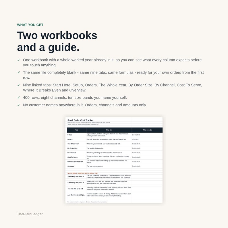 May include: A digital product set featuring two workbooks and a guide for a Small Order Cost Tracker. The text outlines nine linked tabs including Setup, Orders, The Whole Year, By Order Size, By Channel, Cost To Serve, and Where It Breaks Even.