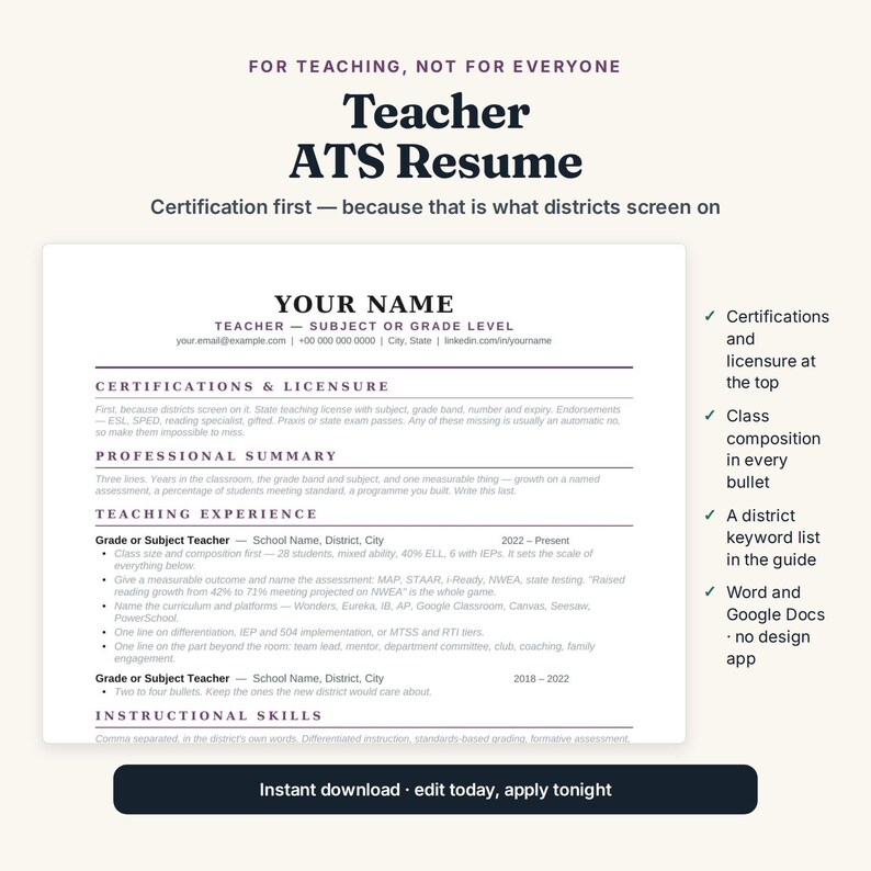 May include: A digital teacher ATS resume template featuring sections for certifications, professional summary, teaching experience, and instructional skills. The document includes placeholder text and a sidebar list of features like certifications at the top and compatibility with Word and Google Docs.