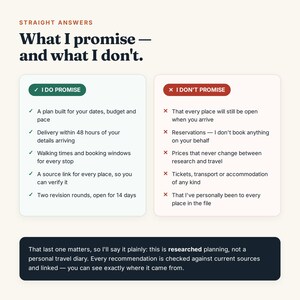 May include: An informational graphic titled Straight Answers: What I promise&mdash;and what I don't. It features two columns: a green-accented list of promises including a plan for dates, budget, and pace, and a red-accented list of non-promises.