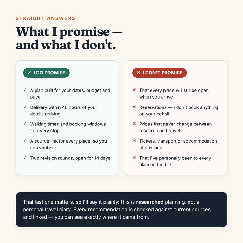 May include: An informational graphic titled Straight Answers: What I promise&mdash;and what I don't. It features two columns: a green-accented list of promises including a plan for dates, budget, and pace, and a red-accented list of non-promises.