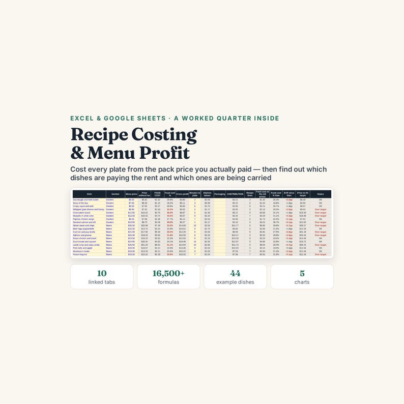 Recipe Costing Spreadsheet, Excel Google Sheets, Restaurant Food Cost Calculator, Menu Engineering and Plate Cost Tracker (Digital Download) bild 1