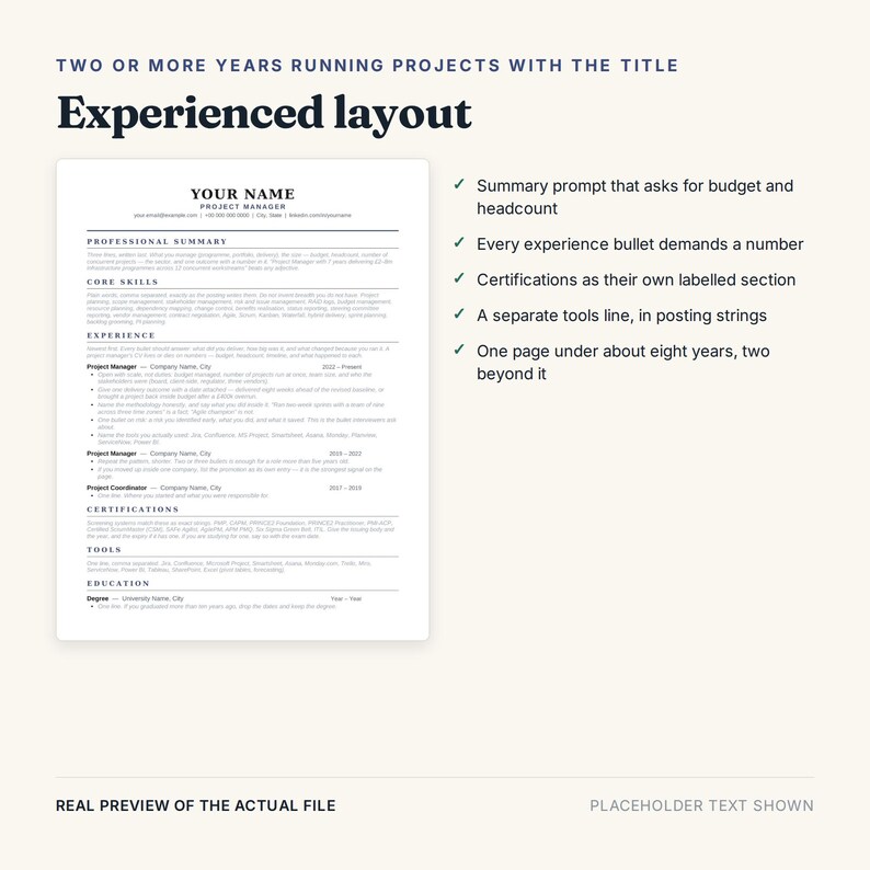 May include: A resume template document titled Experienced layout featuring sections for professional summary, core skills, experience, certifications, tools, and education. The document includes placeholder text and a list of formatting guidelines.