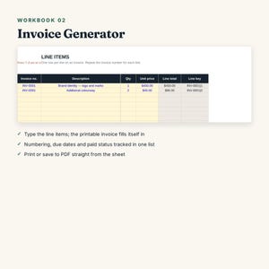 Pu&ograve; includere: Una cartella di lavoro digitale intitolata Workbook 02 Invoice Generator che mostra una tabella di foglio di calcolo con colonne per numero di fattura, descrizione, quantit&agrave;, prezzo unitario, totale e chiave, pi&ugrave; tre punti elenco sulle fatture.
