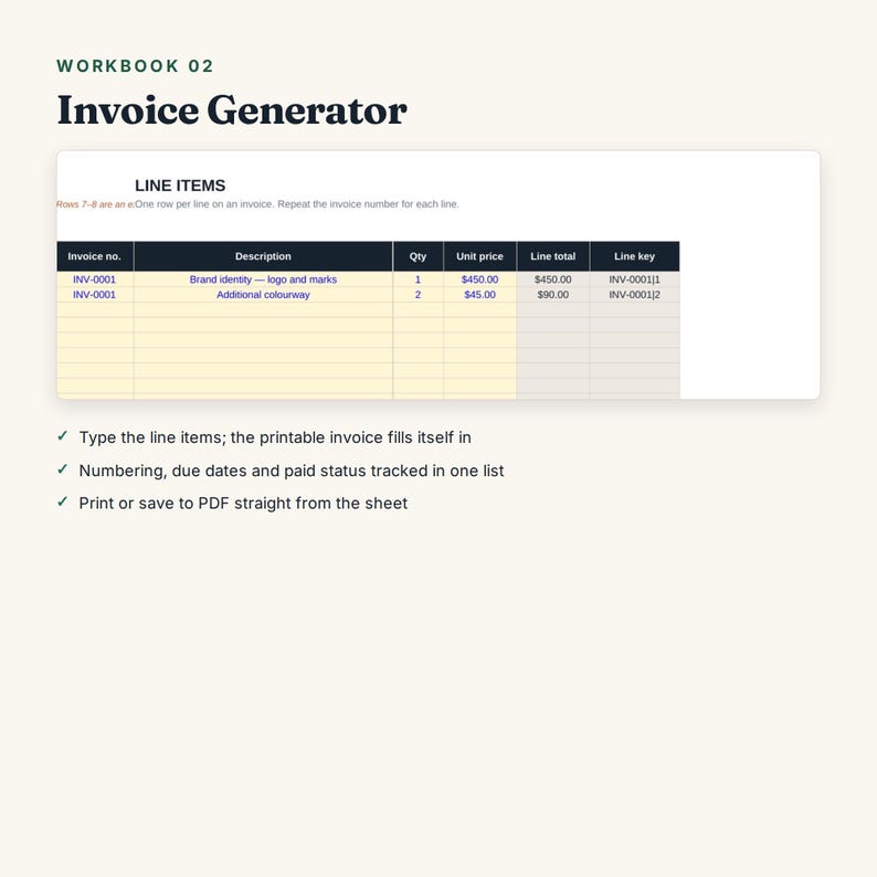 Pu&ograve; includere: Una cartella di lavoro digitale intitolata Workbook 02 Invoice Generator che mostra una tabella di foglio di calcolo con colonne per numero di fattura, descrizione, quantit&agrave;, prezzo unitario, totale e chiave, pi&ugrave; tre punti elenco sulle fatture.