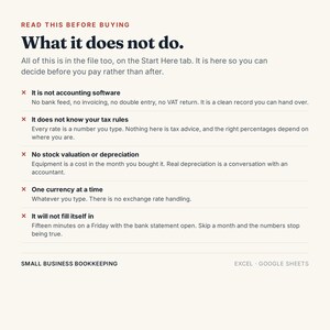 May include: A digital information sheet titled READ THIS BEFORE BUYING What it does not do. It lists five limitations for a small business bookkeeping file: not accounting software, no tax rules, no stock valuation, one currency, and manual entry.