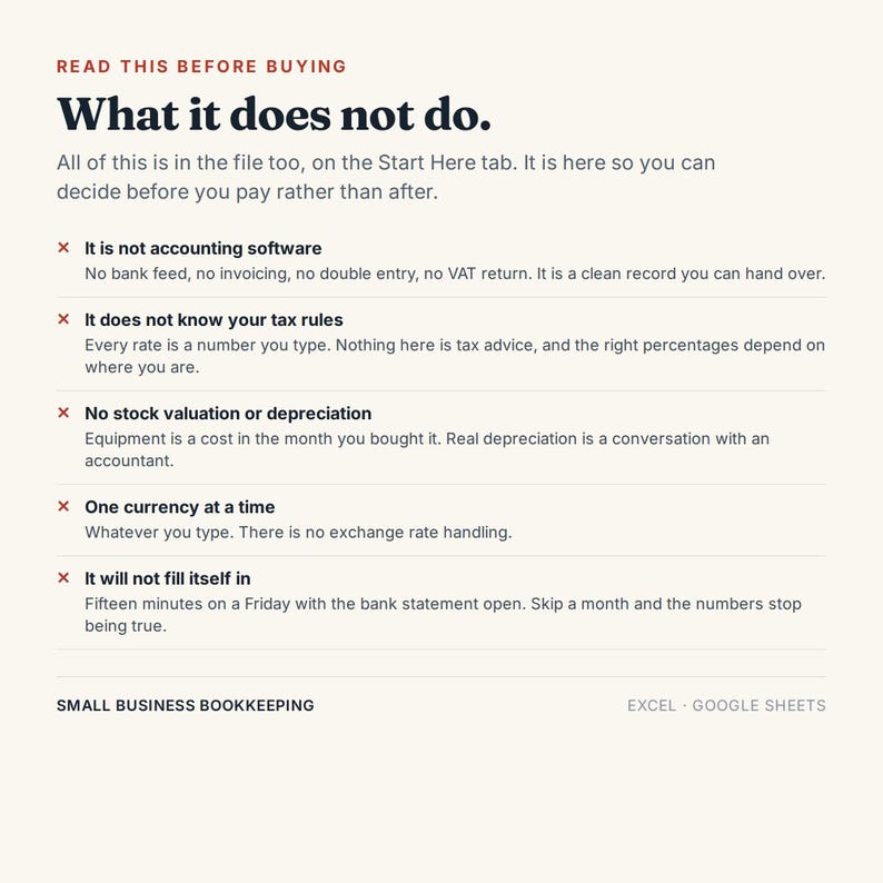 May include: A digital information sheet titled READ THIS BEFORE BUYING What it does not do. It lists five limitations for a small business bookkeeping file: not accounting software, no tax rules, no stock valuation, one currency, and manual entry.