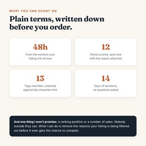 May include: An informational graphic with a cream background featuring the text: What you can count on. Plain terms, written down before you order. It lists four service points: 48h, 12 points scored, 13 tags rewritten, and 14 days of revisions.
