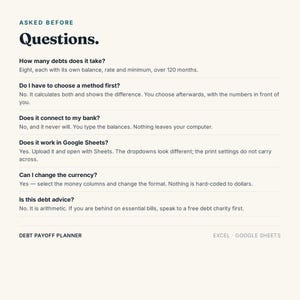 May include: A digital document titled ASKED BEFORE Questions for a debt payoff planner. It lists FAQs regarding debt capacity, calculation methods, bank connectivity, Google Sheets compatibility, currency formatting, and debt advice disclaimers.